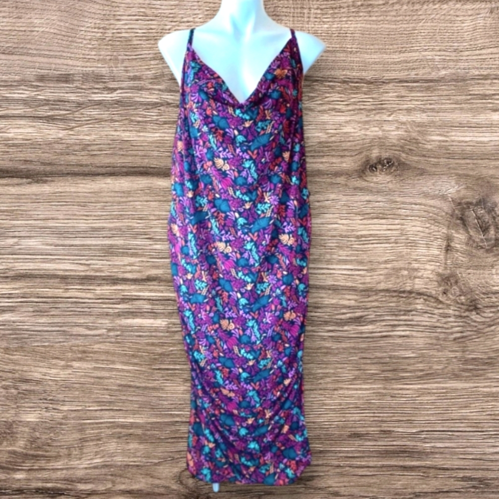 Ava & Viv NWT Midi Sundress Black Floral Ruching Sleeveless Bold Stretchy Fun 3X